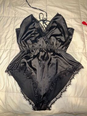 SHEIN Black Satin Lace-Trim Teddy Bodysuit